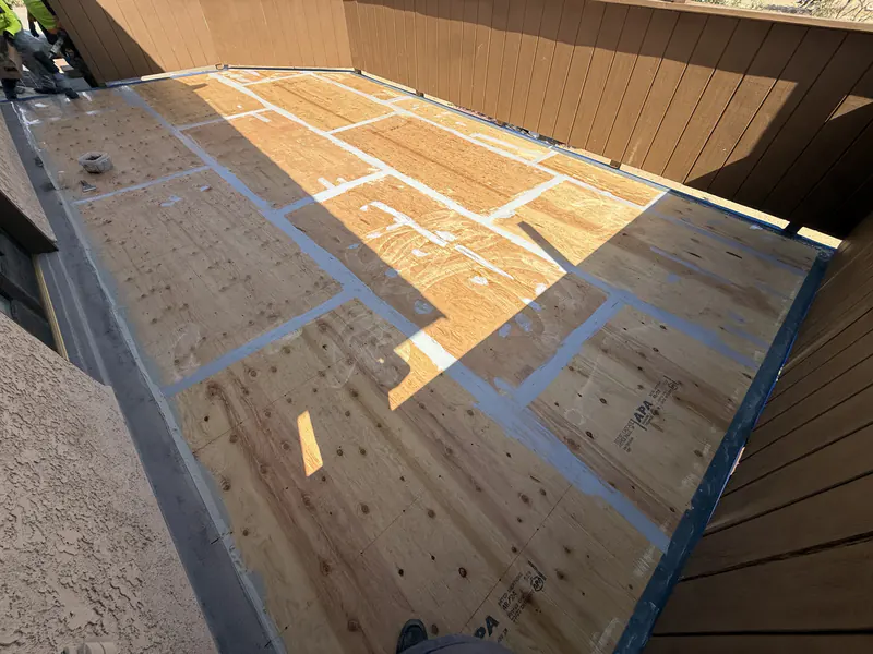 Plywood deck with every seam and fastener taped before the waterproofing membrane goes on